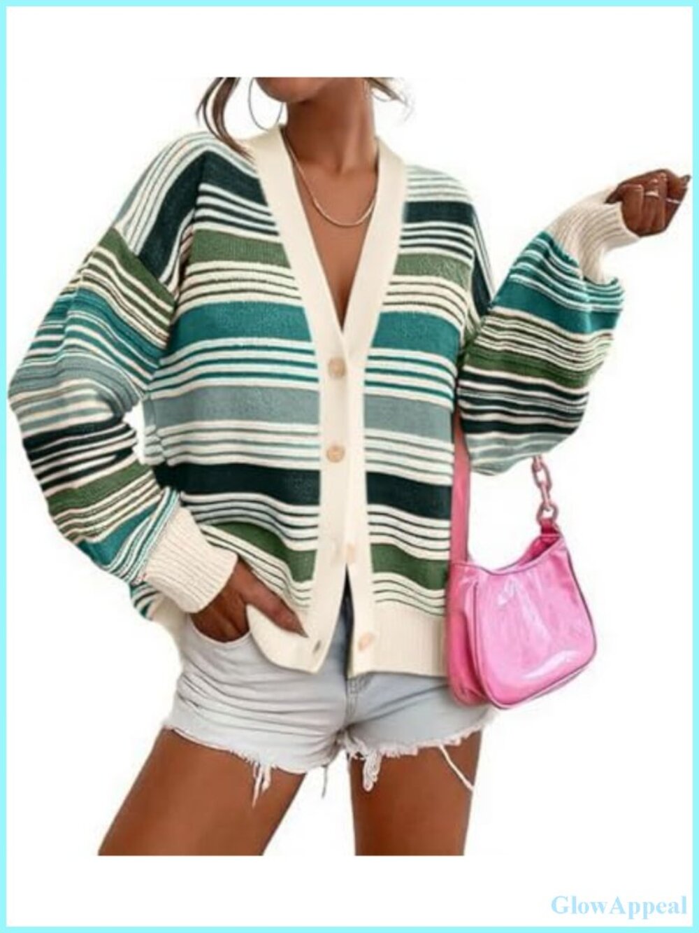 Women Contrast Striped Cardigan Sweaters Button Down V Neck Loose Fit Fall